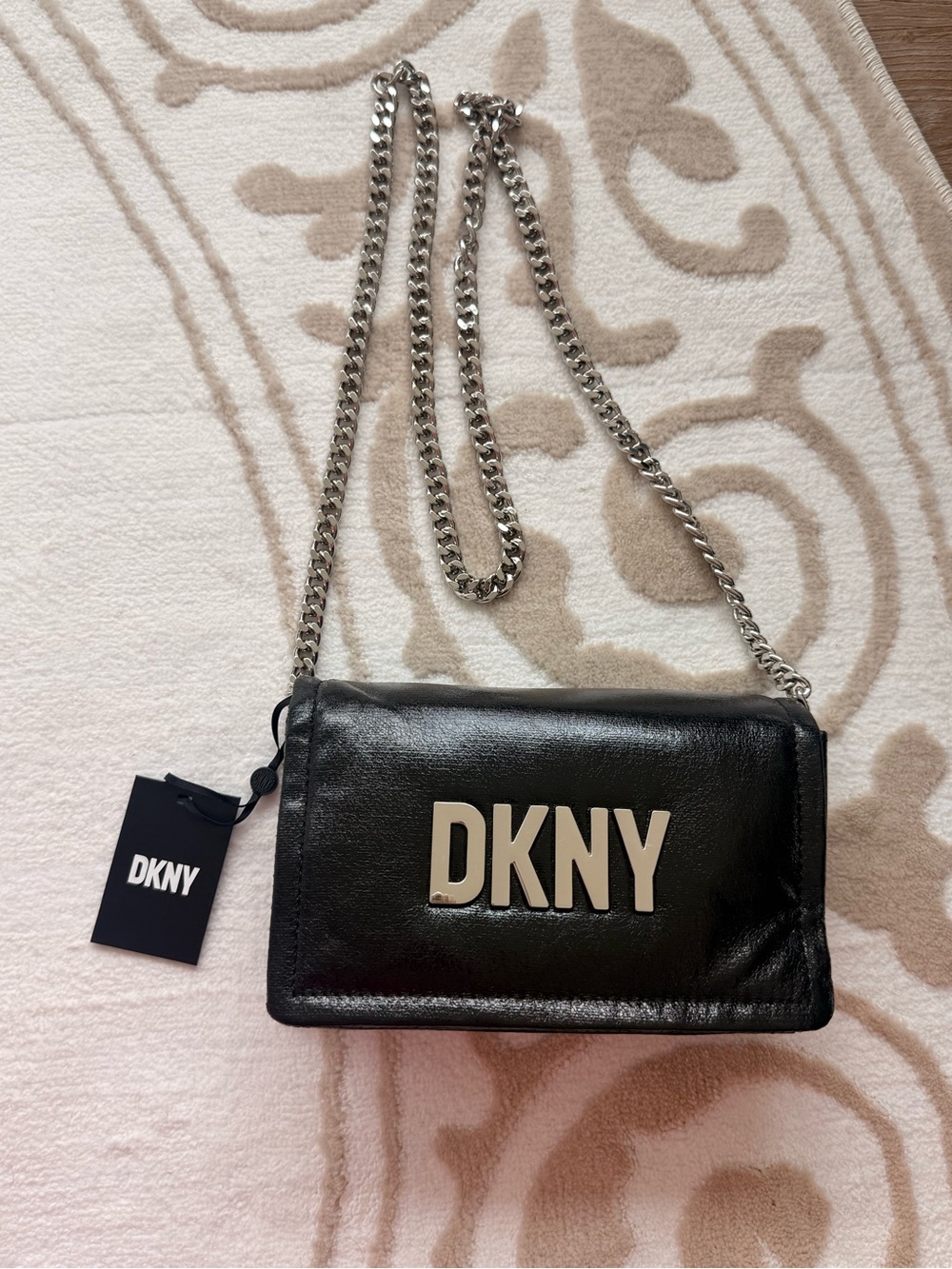 DKNY Black Shoulder Bag with Silver Chain and Logo